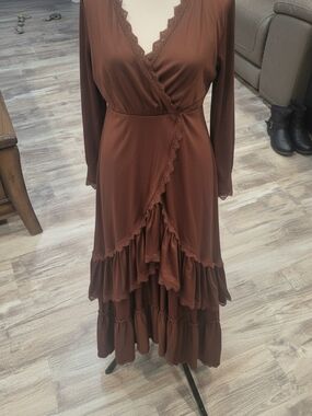 Brown Lace-Trim Tiered Wrap Dress